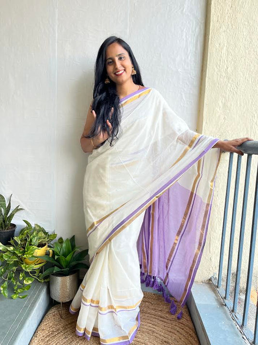 Elegance White & Purple Cotton Saree