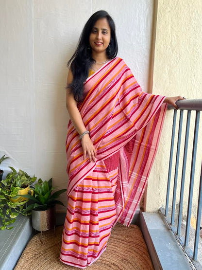 Pink Red Soft Cotton Saree