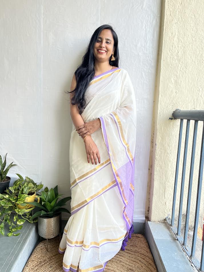 Elegance White & Purple Cotton Saree