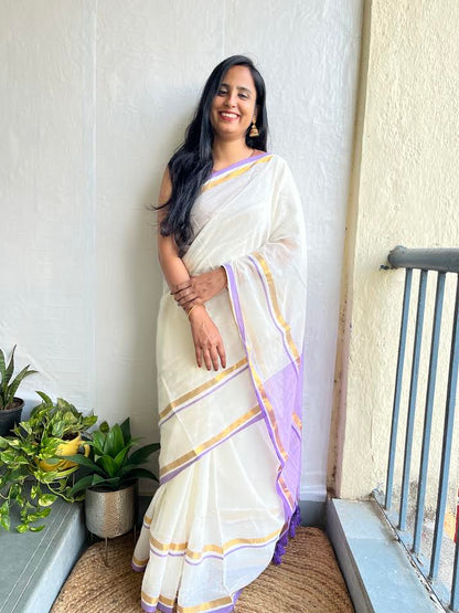 Elegance White & Purple Cotton Saree