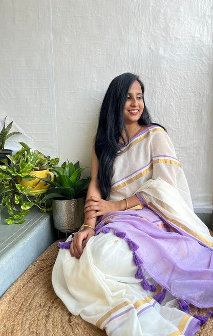 Elegance White & Purple Cotton Saree