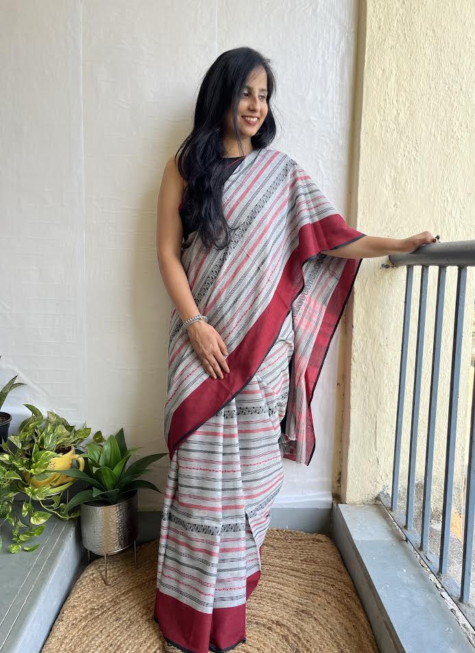 Black Red Mulmul Cotton Saree