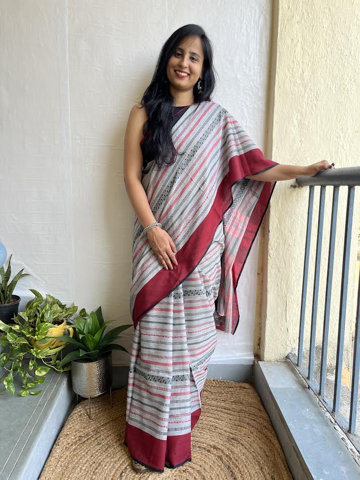 Black Red Mulmul Cotton Saree